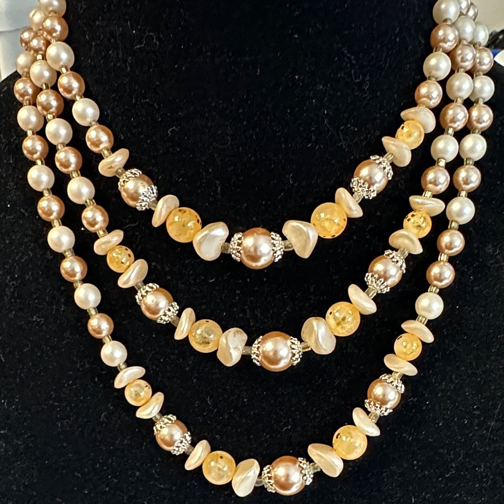 Japan Signed Necklace Triple Strand Faux Pearl Jewelry. Longest is 20” #228